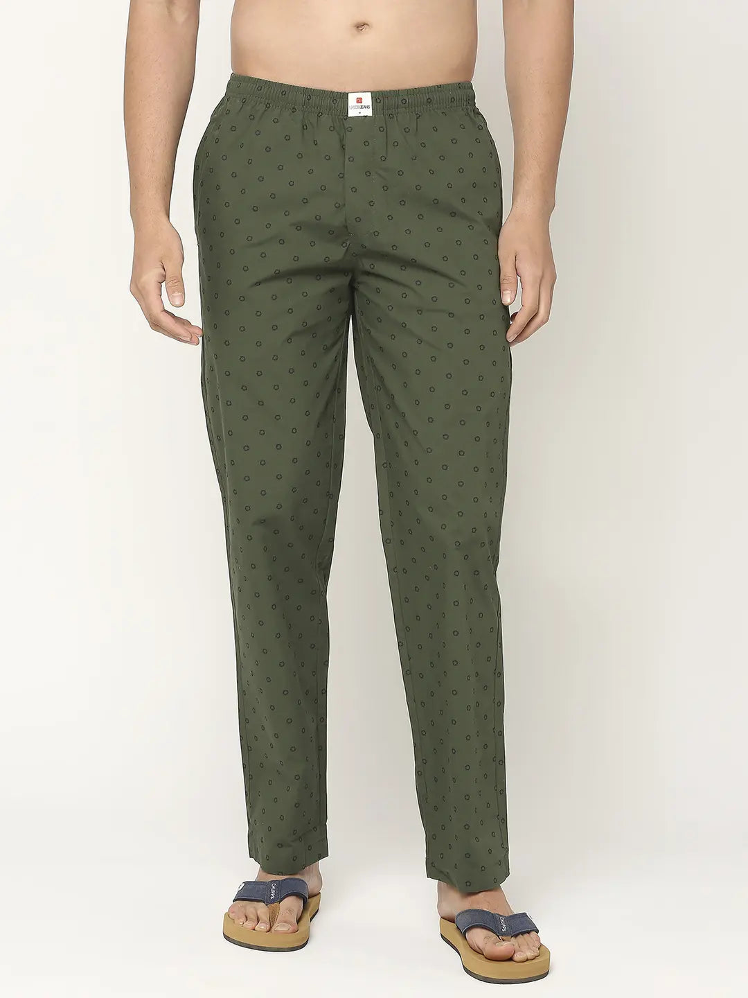 Men Premium Cotton Printed Bottle Green Pyjama- UnderJeans by Spykar