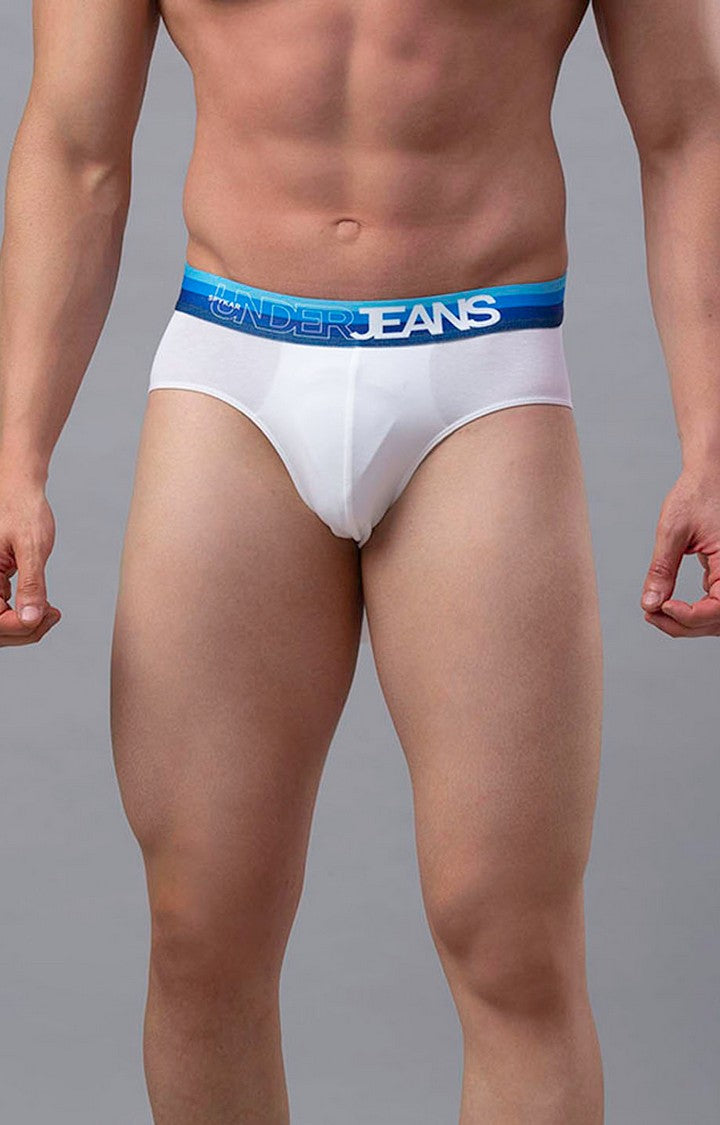Men Premium Cotton Blend White-Blue Brief - (Pack of 2)- UnderJeans by Spykar