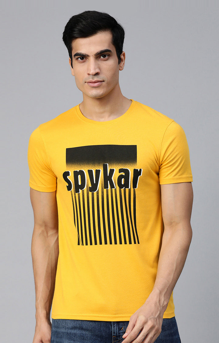 Mustard Cotton Printed Round Neck T-Shirts- UnderJeans by Spykar