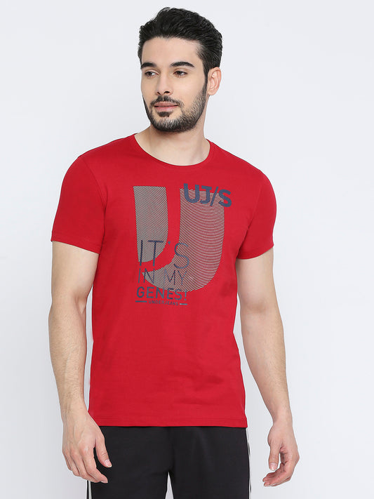 Men Premium Cotton Deepred Round Neck Tshirt - UnderJeans by Spykar