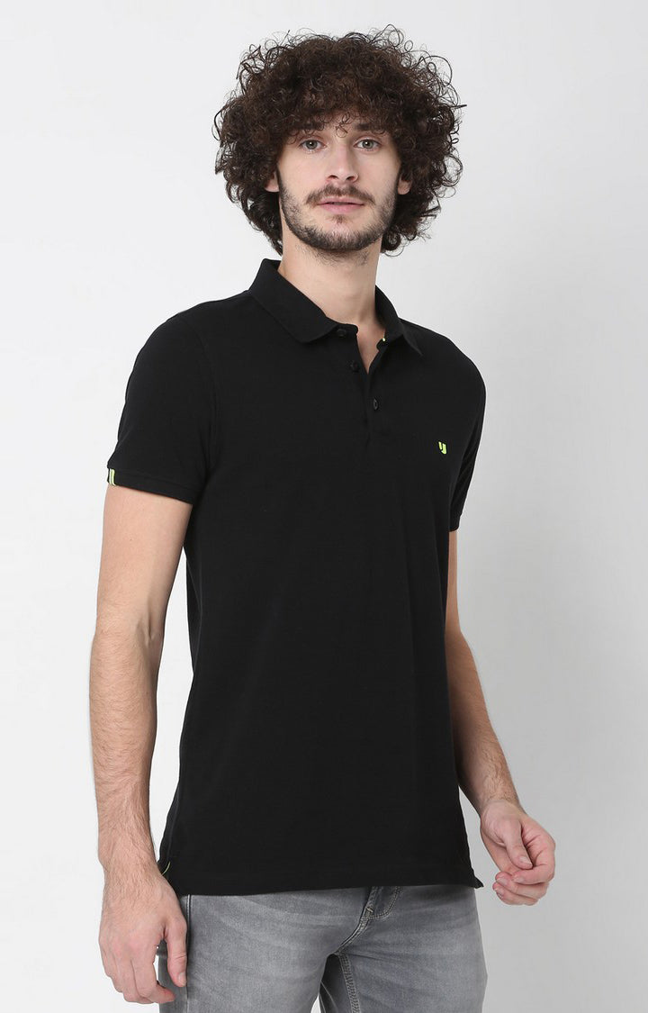 Men Premium Black Cotton Polo T-Shirts - UnderJeans By Spykar