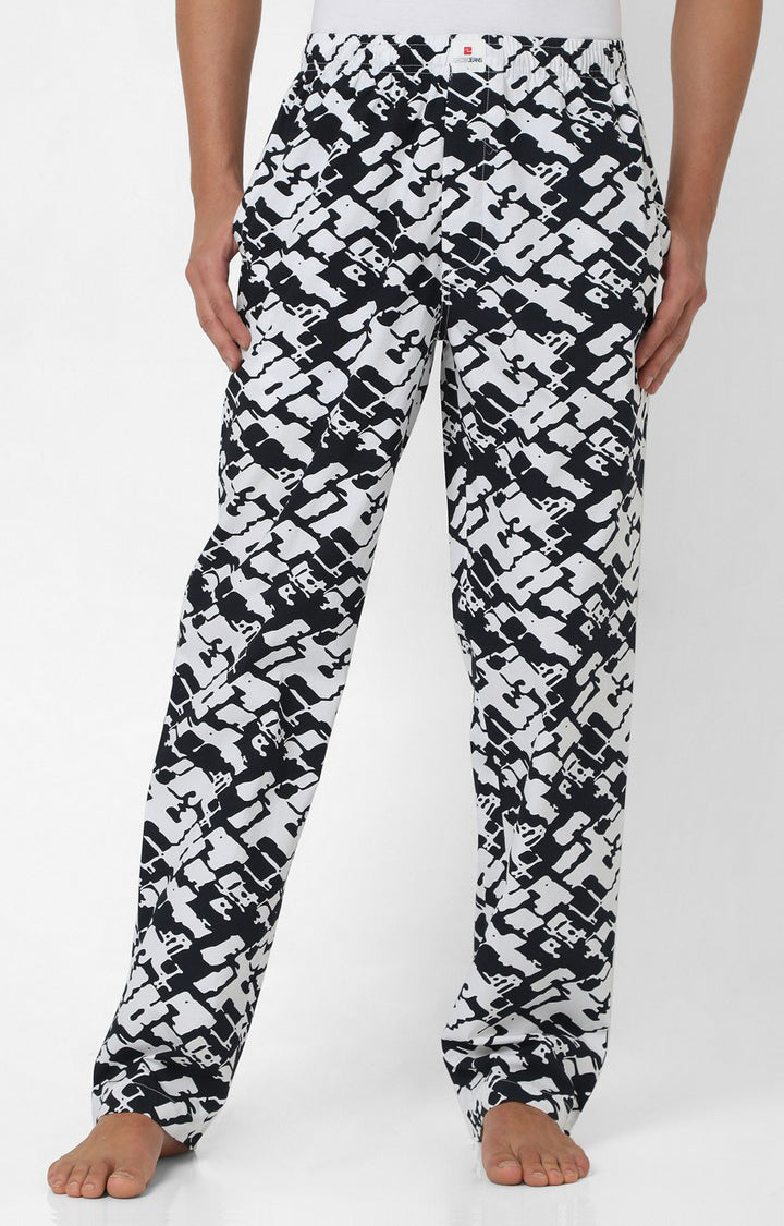 Men Premium White & Dark Navy Cotton Printed Pyjama - UnderJeans By Spykar