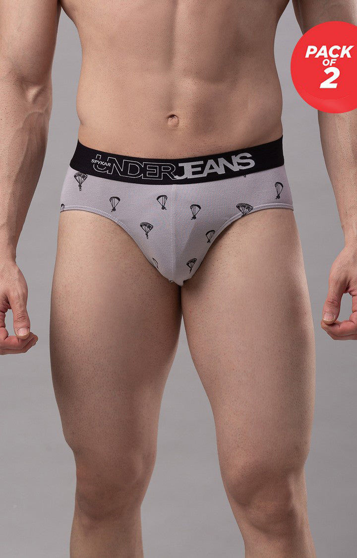 Men Premium Cotton Blend Grey Brief - (Pack of 2)- UnderJeans by Spykar