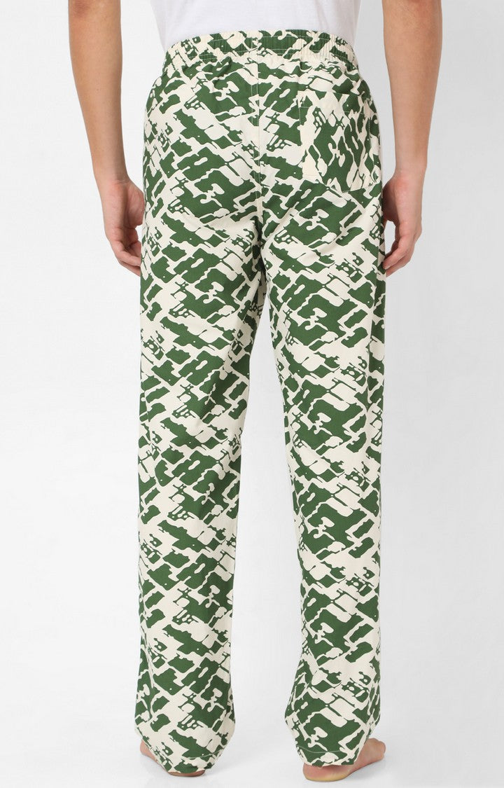 Men Premium Off White & Olive Cotton Printed Pyjama - UnderJeans By Spykar