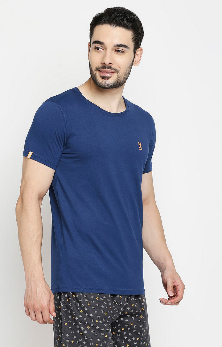 Men Premium Navy Blue & Ecru Melange Cotton Regular Fit Round Neck T-shirts - Pack of 2 - UnderJeans by Spykar