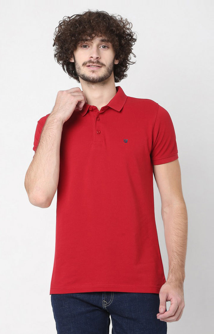 Men Premium Red Cotton Regular Fit Polo T-Shirt - UnderJeans By Spykar