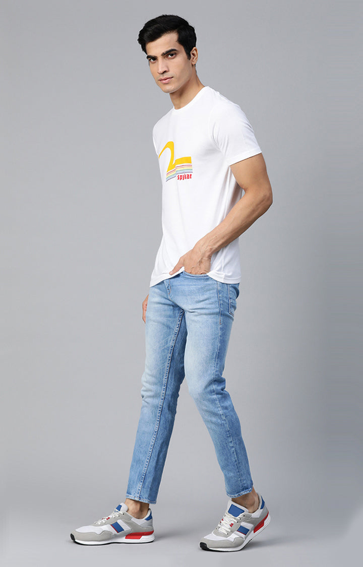 White Cotton Printed Round Neck T-Shirts- UnderJeans by Spykar