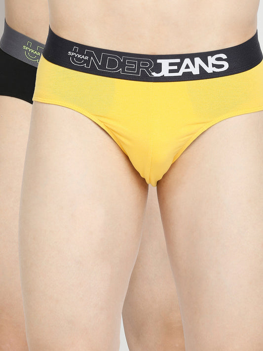 Men Premium Yellow & Black Cotton Blend Brief - Pack Of 2- UnderJeans by Spykar