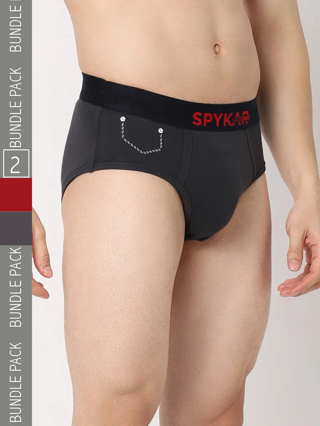 Underjeans by Spykar Men Premium Grey & Maroon Cotton Blend Regular Fit Brief - Pack Of 2