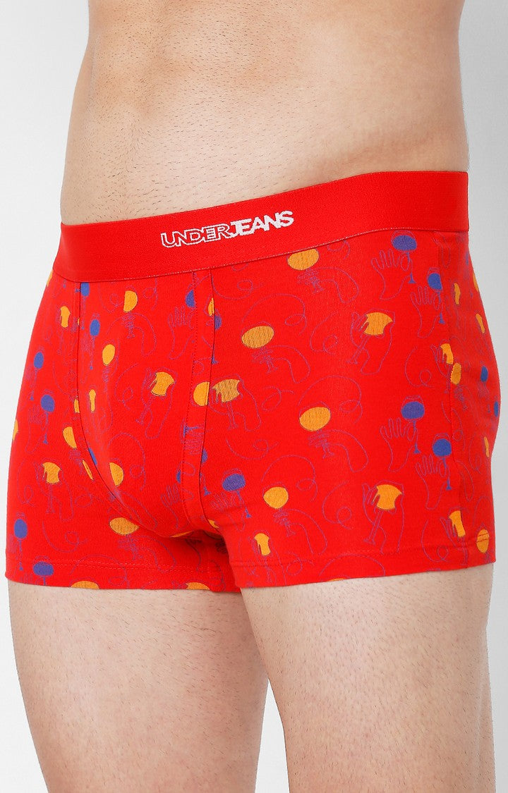 Men Premium Red Cotton Blend Printed Trunk- UnderJeans by Spykar