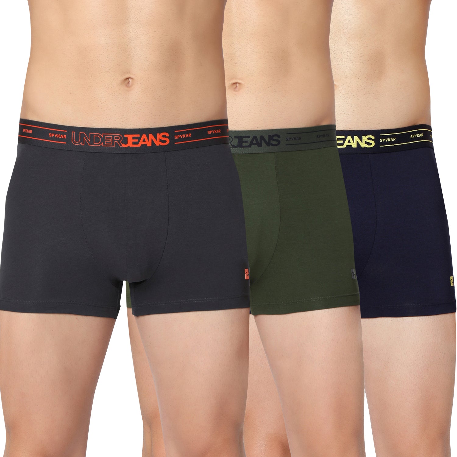 Men Premium Grey Navy & Olive Cotton Blend Trunk (Pack of 3)- UnderJeans by Spykar