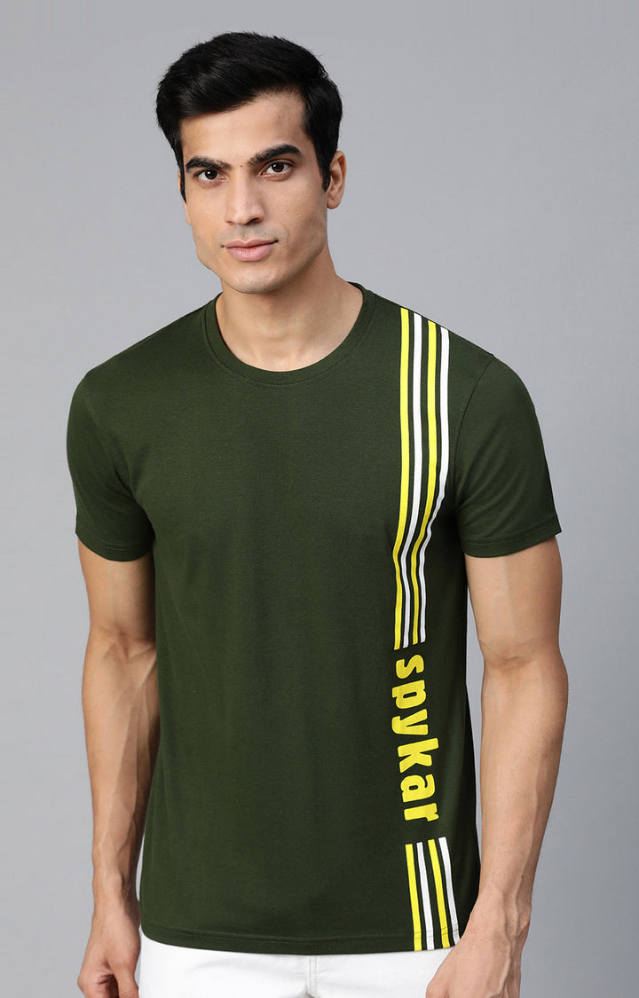 Olive Cotton Solid Round Neck T-Shirts- UnderJeans by Spykar