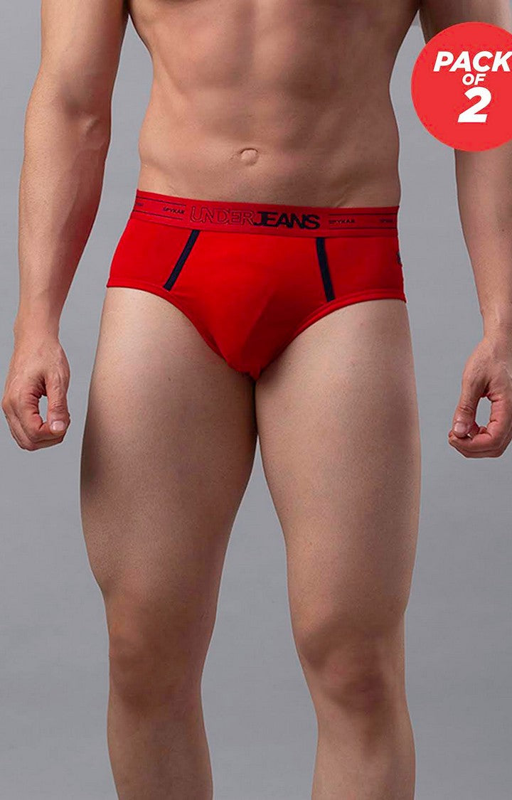 Men Premium Cotton Blend Red Brief - (Pack of 2)- UnderJeans by Spykar