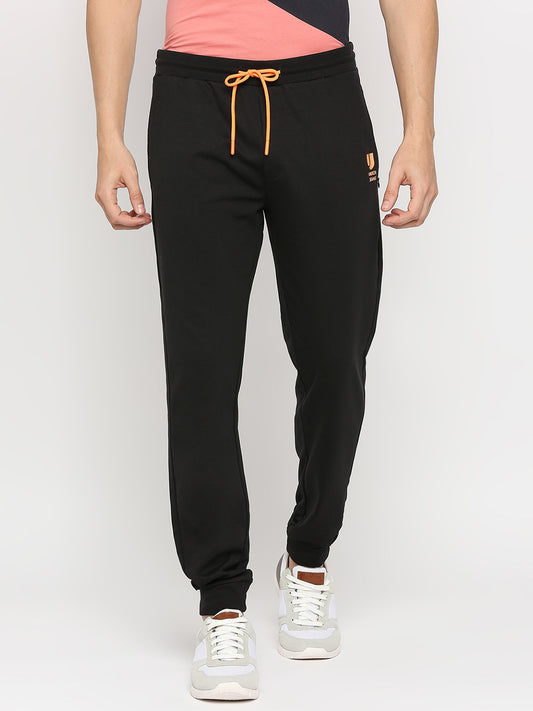 Men Premium Black Cotton Regular Fit Trackpant- UnderJeans by Spykar