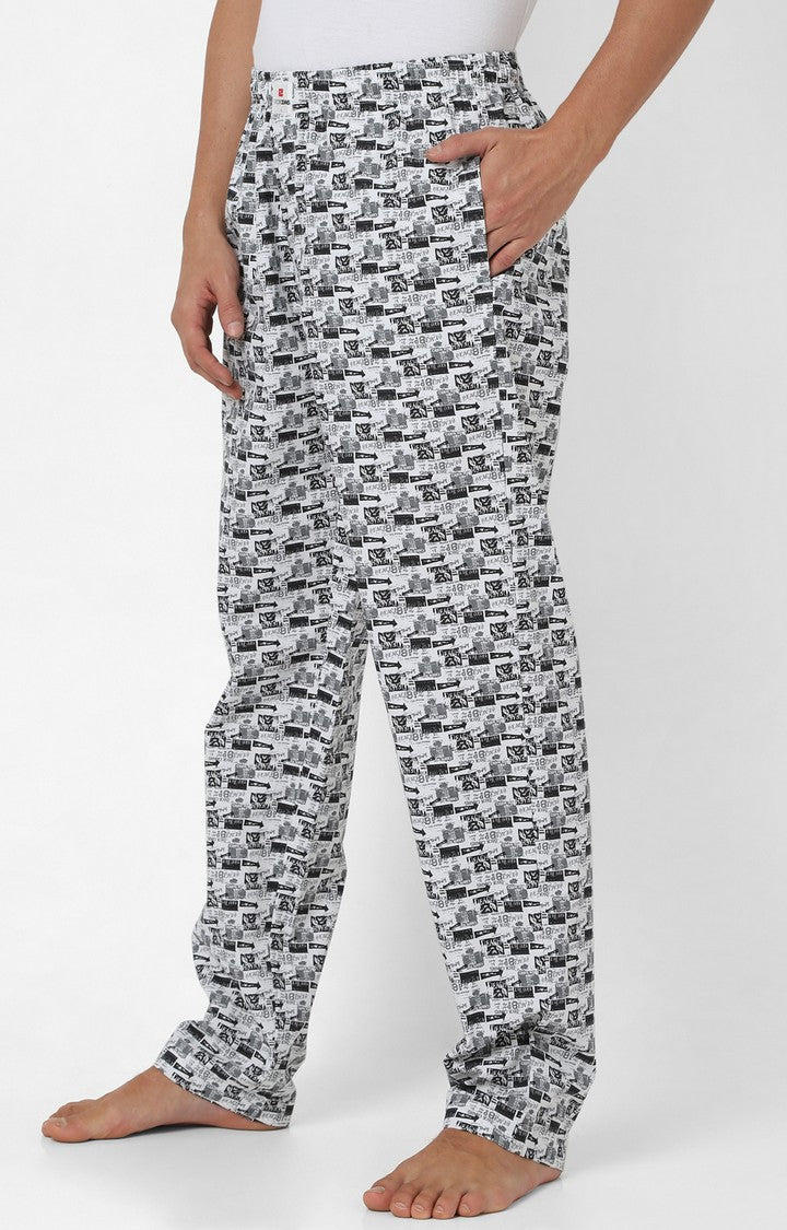 Men Premium White & Grey Cotton Printed Pyjama UnderJeans By Spykar