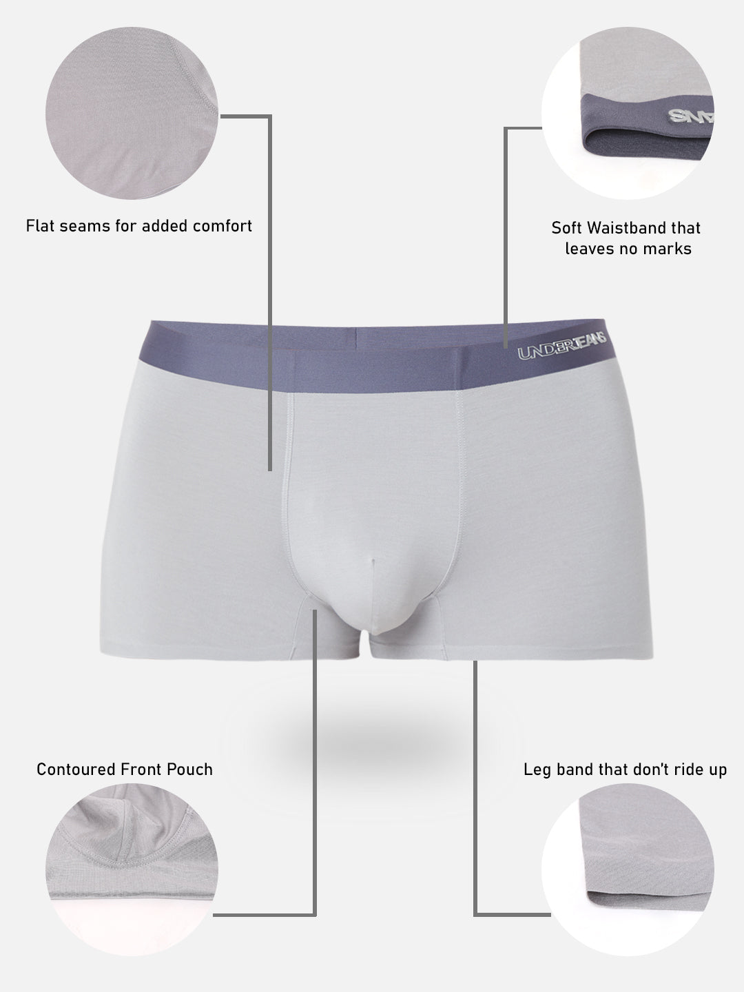 Men Grey Solid Super Premium Bonded Elastic Trunk - UnderJeans by Spykar