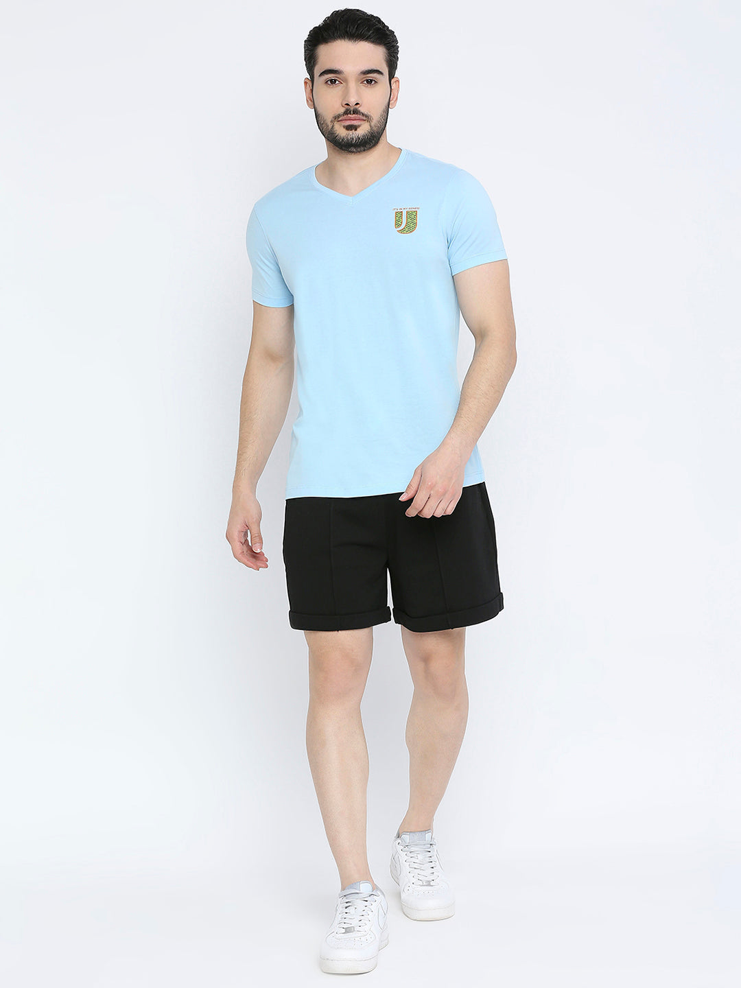 Men Premium Powderblue Cotton V-Neck T-shirt- UnderJeans by Spykar