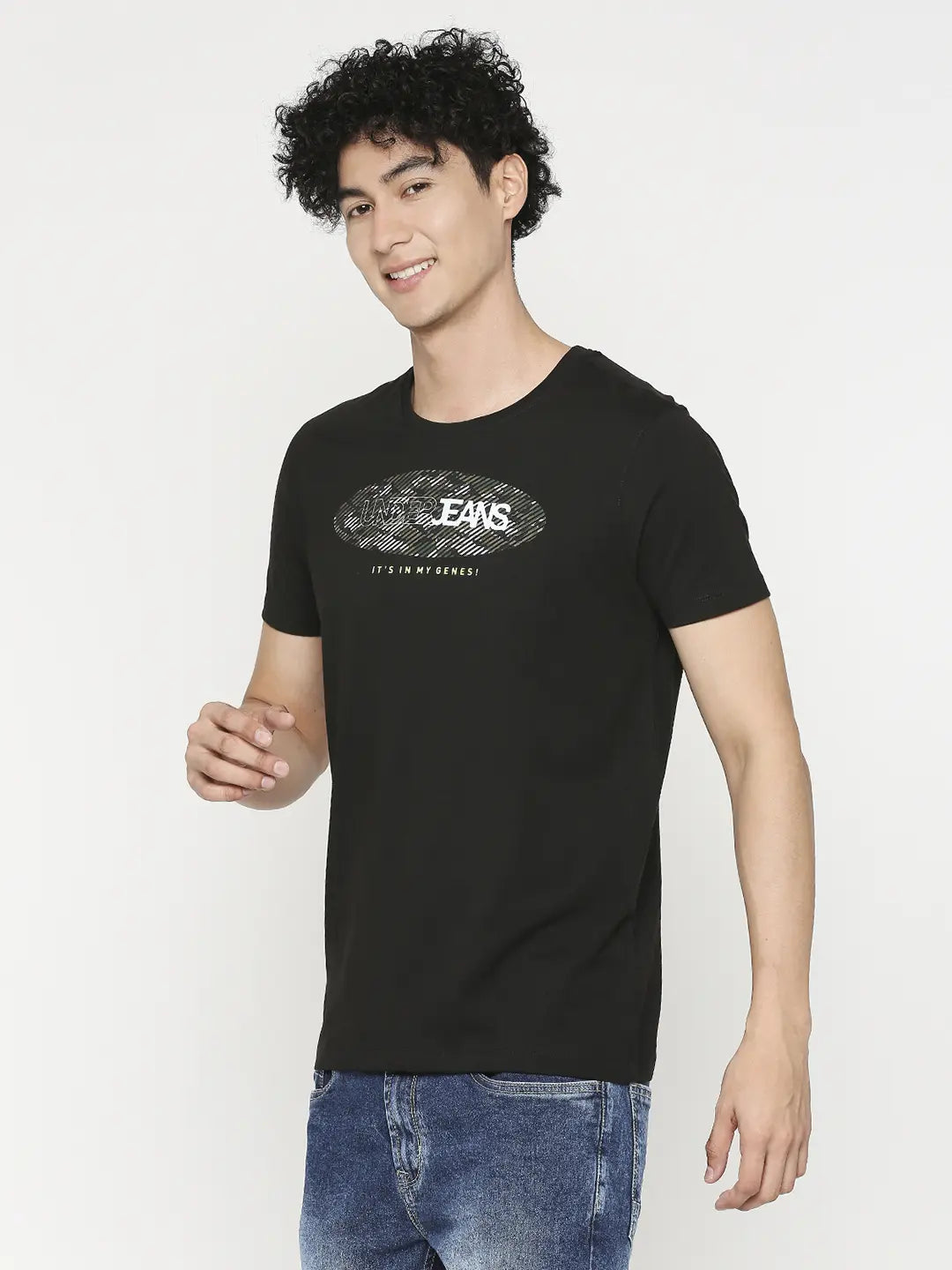 Men Premium Black Cotton Half Sleeve Printed Tshirt- UnderJeans by Spykar