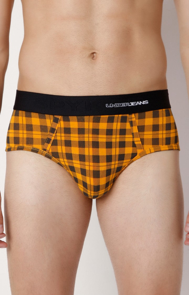 Men Premium Orange Check Cotton Blend Brief- UnderJeans by Spykar