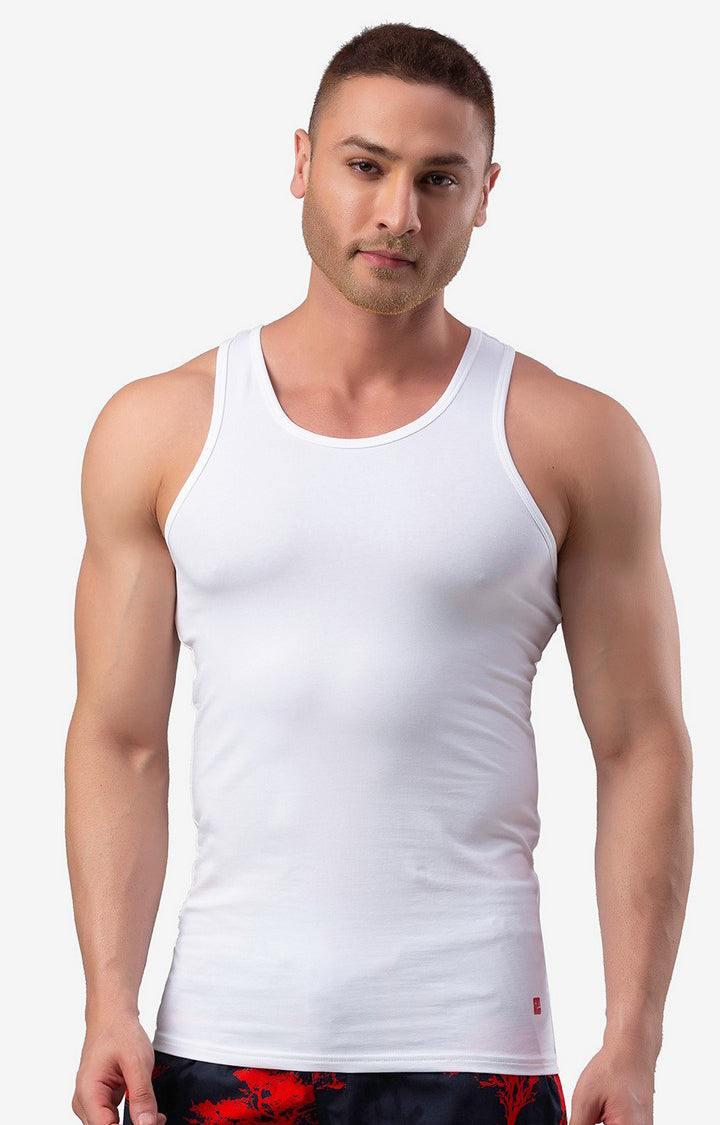 Men Premium White Cotton Vest- UnderJeans by Spykar