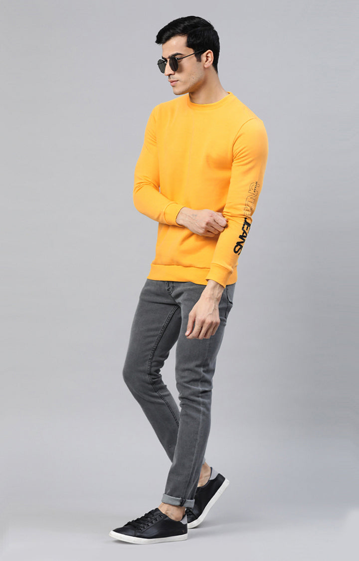 Mustard Cotton Solid Round Neck Sweatshirts- UnderJeans by Spykar