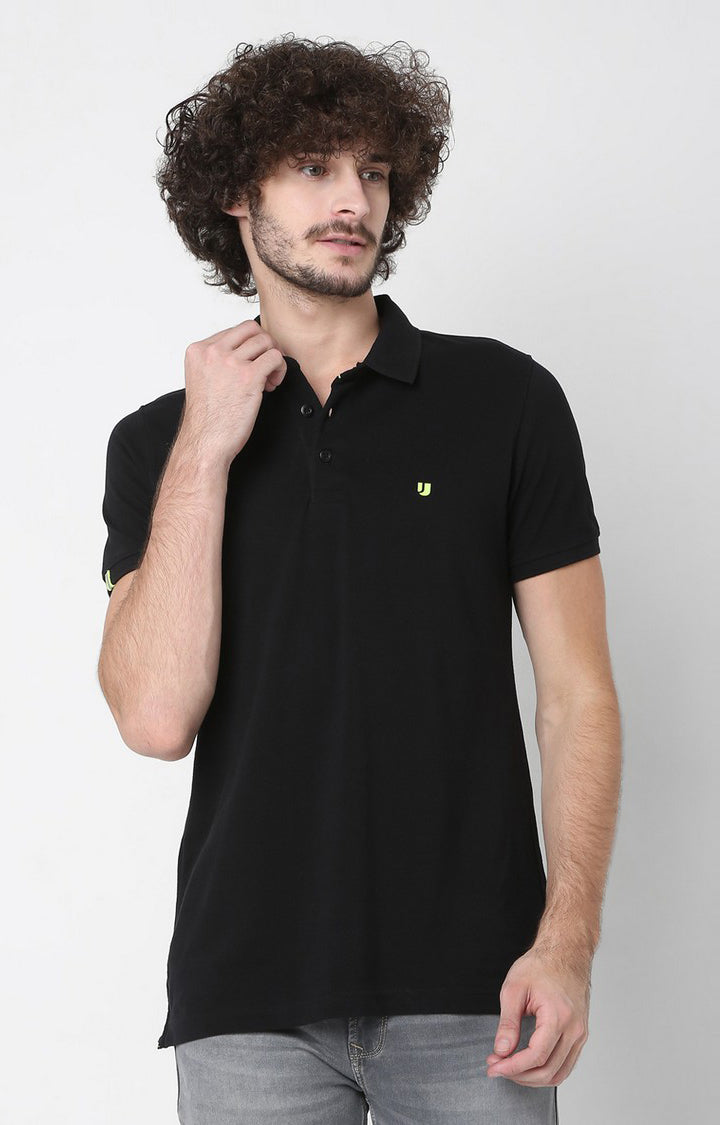 Men Premium Black Cotton Polo T-Shirts - UnderJeans By Spykar