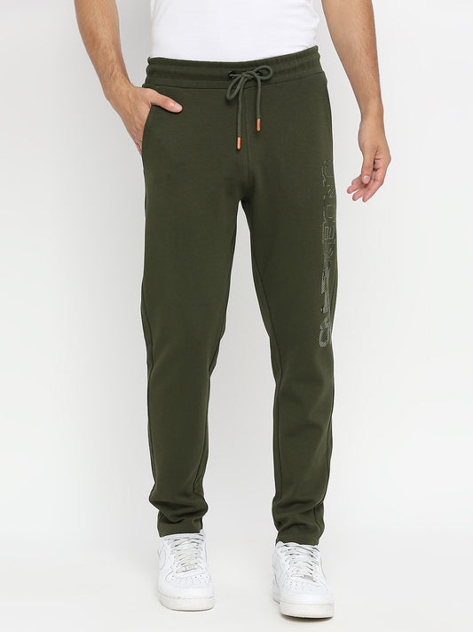 Men Premium Knitted Rifle Green Cotton Straight Fit Trackpants - UnderJeans by Spykar