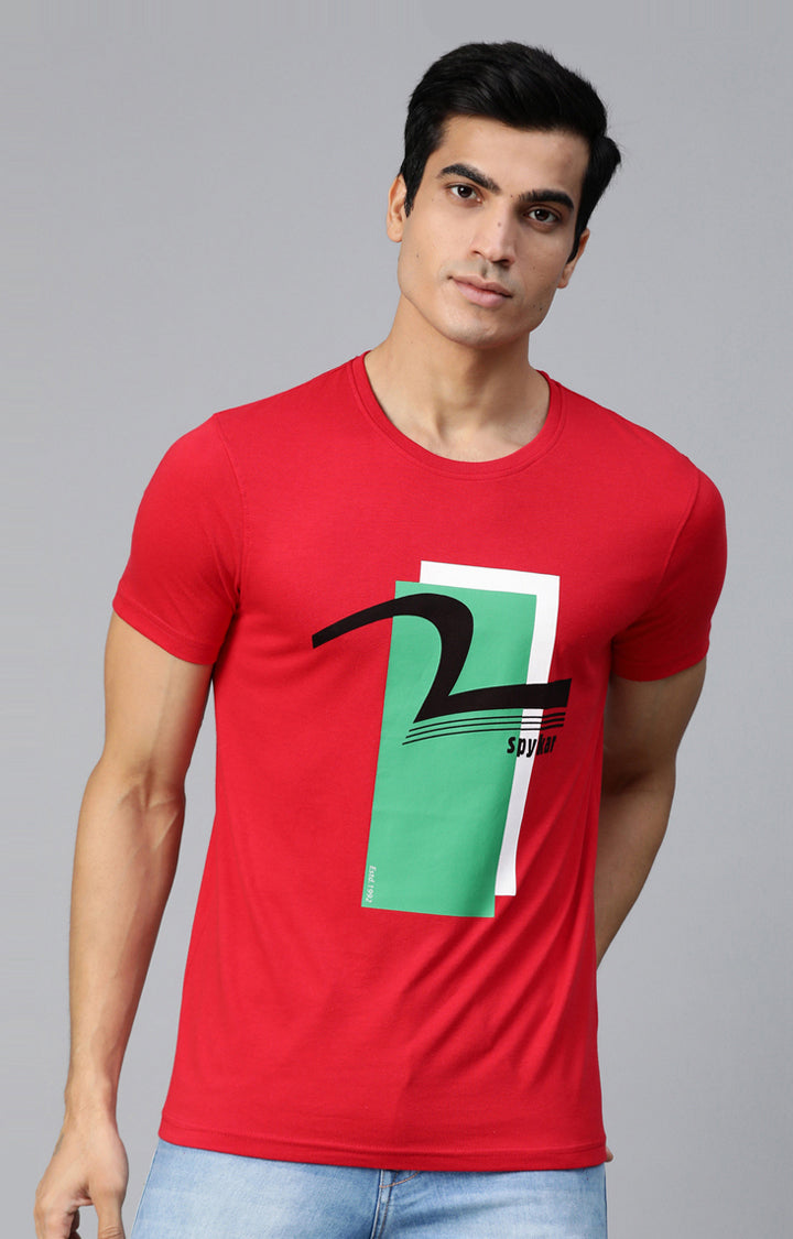 Red Cotton Printed Round Neck T-Shirts- UnderJeans by Spykar