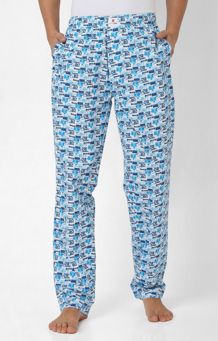 Men Premium White & Dark Blue Cotton Printed Pyjama - UnderJeans By Spykar