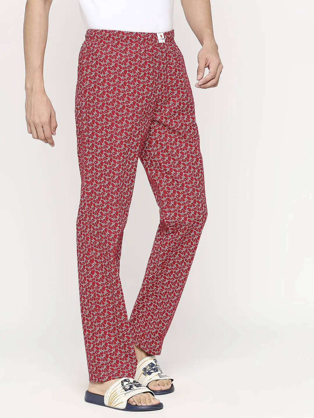 Men Premium Red & White Cotton Regular Fit Pyjama - UnderJeans by Spykar