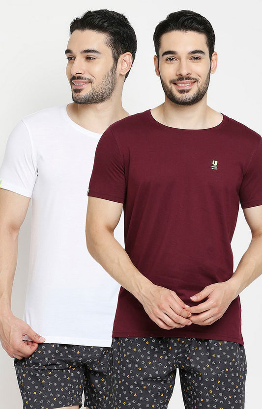 Men Premium White & Wine Cotton Regular Fit Round Neck T-shirts - Pack of 2 - UnderJeans by Spykar