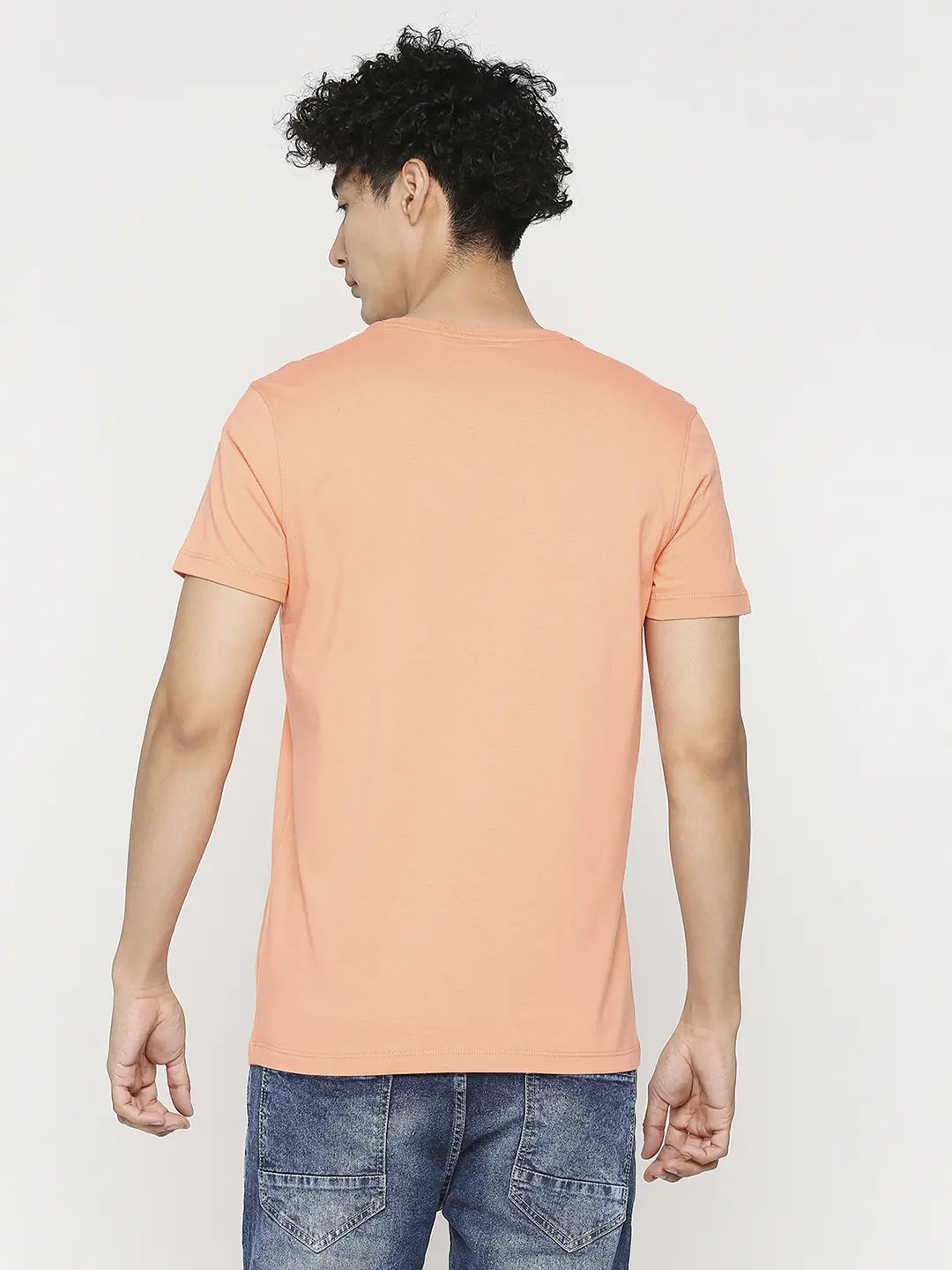 Men Premium Peach Cotton Half Sleeve Printed Tshirt- UnderJeans by Spykar