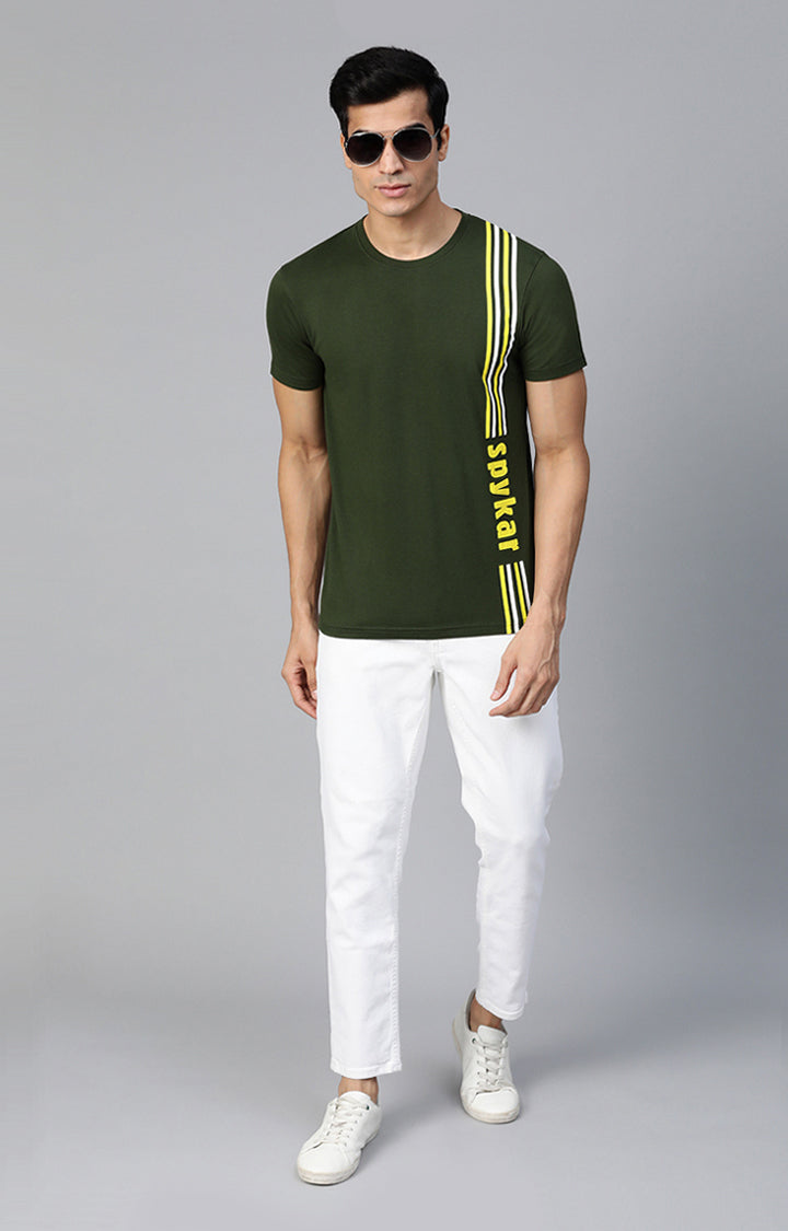Olive Cotton Solid Round Neck T-Shirts- UnderJeans by Spykar
