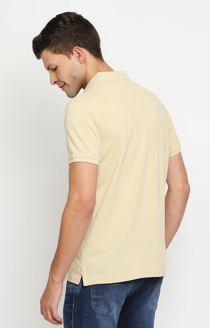 Men Premium Beige Cotton Regular Fit Polo T-Shirt- UnderJeans by Spykar