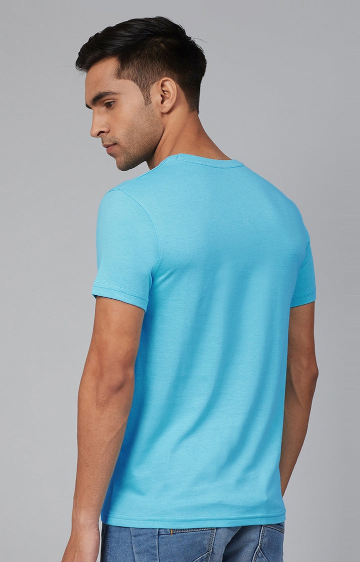 Light Blue Cotton Printed Round Neck T-Shirts- UnderJeans by Spykar