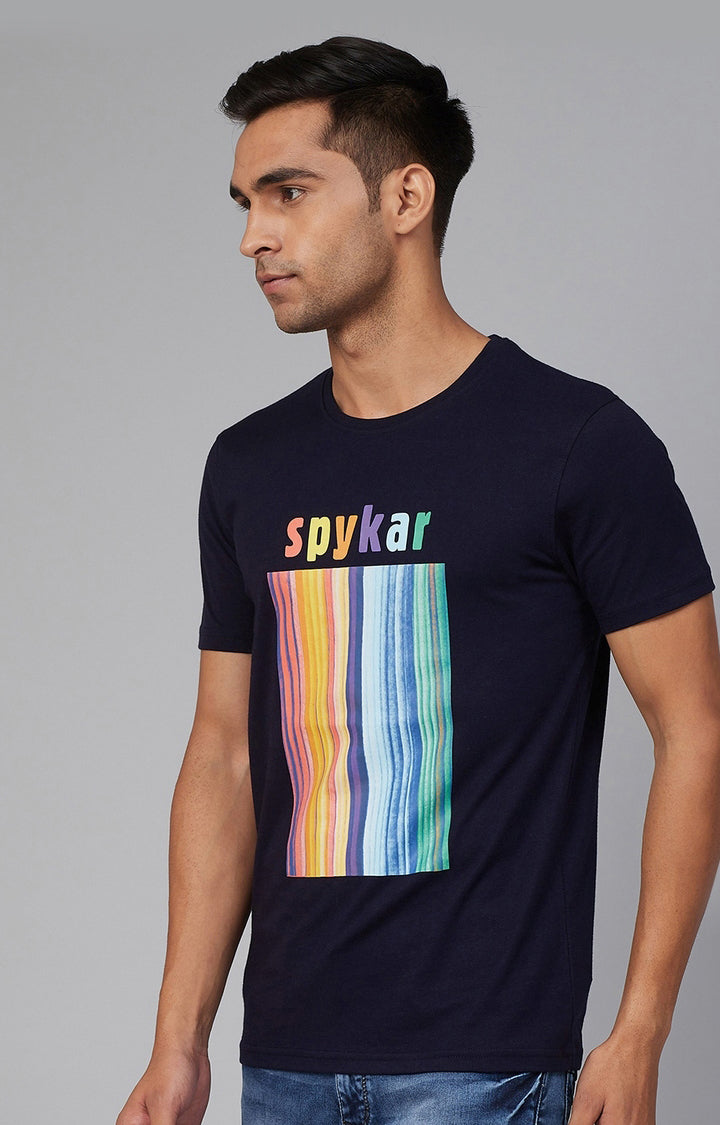 Navy Cotton Printed Round Neck T-Shirts- UnderJeans by Spykar