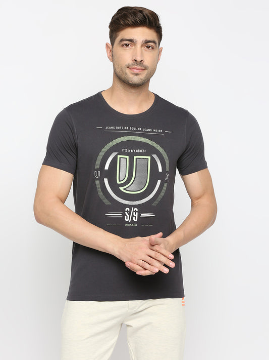 Men Premium Slate Grey Cotton Round Neck Printed Tshirt- UnderJeans by Spykar