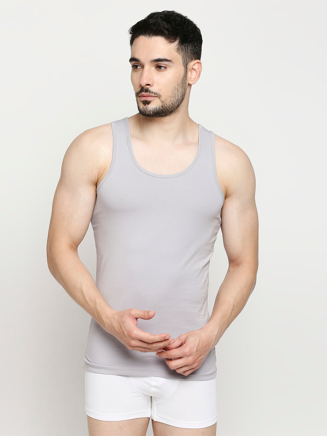 Men Premium Cotton Blend Light Grey Vest- UnderJeans by Spykar