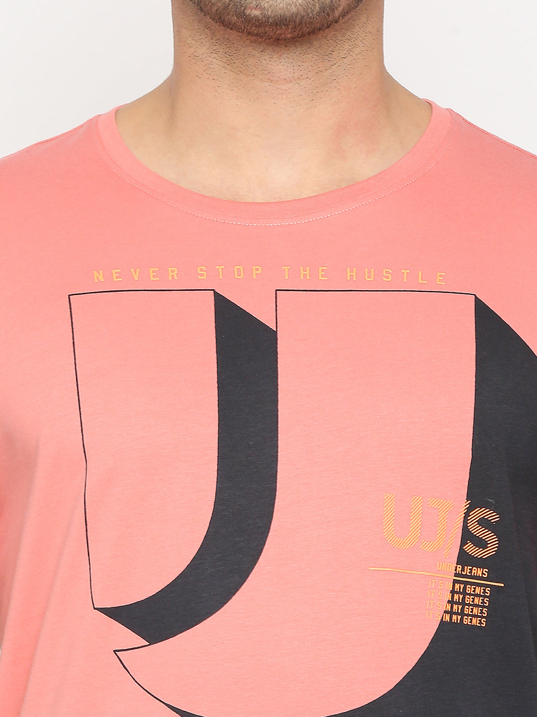 Men Premium DUSTY CORAL Cotton Round Neck Printed Tshirt- UnderJeans by Spykar