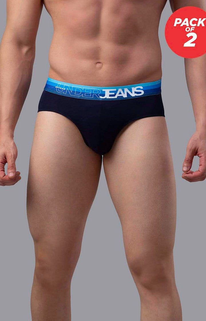 Men Premium Cotton Blend Navy-Blue Brief - (Pack of 2)- UnderJeans by Spykar