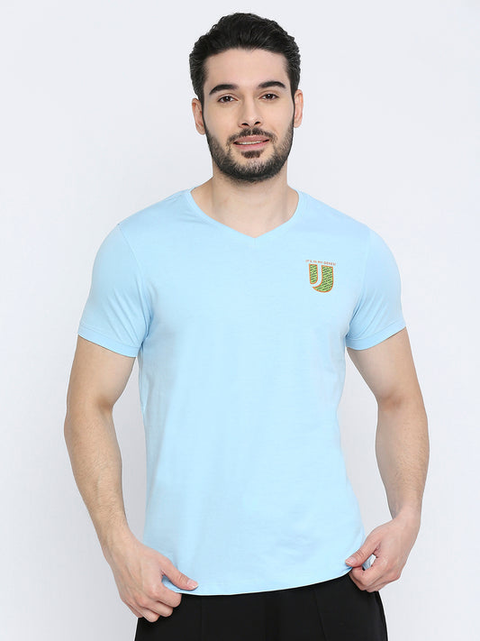 Men Premium Powderblue Cotton V-Neck T-shirt- UnderJeans by Spykar