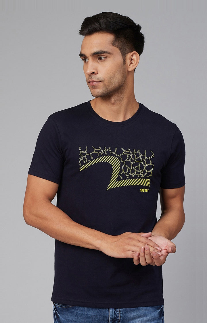 Navy Cotton Printed Round Neck T-Shirts- UnderJeans by Spykar