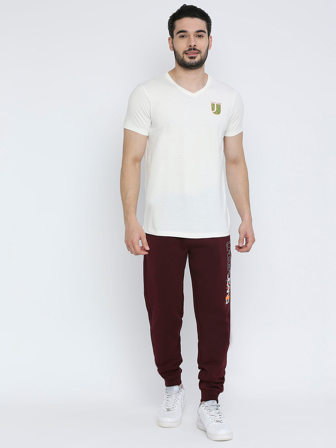 Men Premium Cotton Ecru V-Neck T-shirt - UnderJeans by Spykar