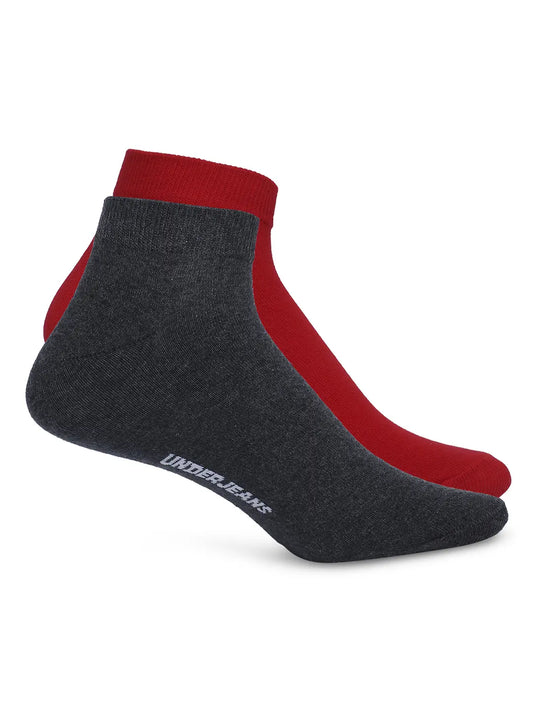 Men Anthra Melange & Red Cotton Blend Sneaker Socks - Pack Of 2 - Underjeans by Spykar