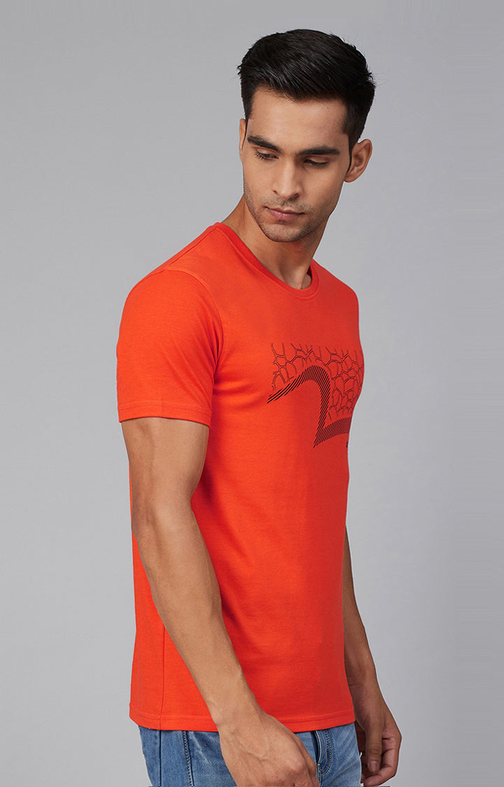 Orange Cotton Printed Round Neck T-Shirts- UnderJeans by Spykar
