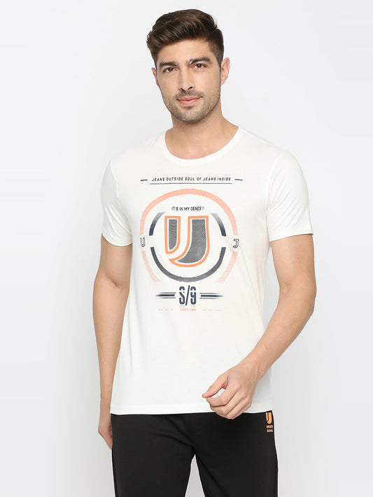 Men Premium Ecru Cotton Round Neck Printed Tshirt- UnderJeans by Spykar