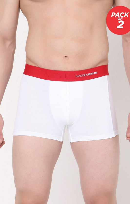 Men Premium Cotton Blend White Trunk - (Pack of 2)- UnderJeans by Spykar