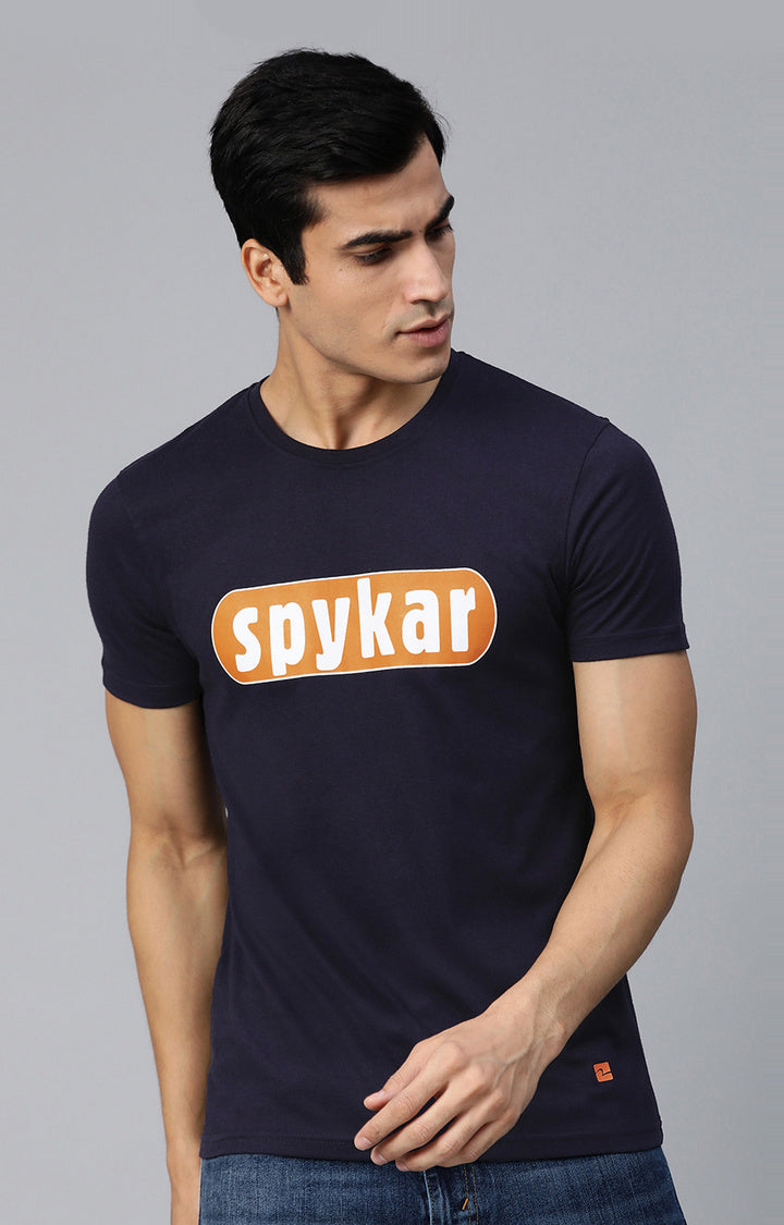 Navy Cotton Printed Round Neck T-Shirts- UnderJeans by Spykar