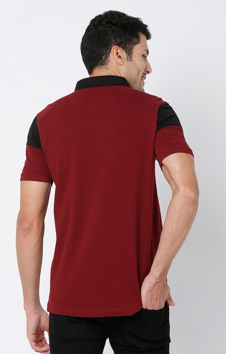 Men Premium Wine & Black Cotton Regular Fit Polo T-shirt - UnderJeans by Spykar