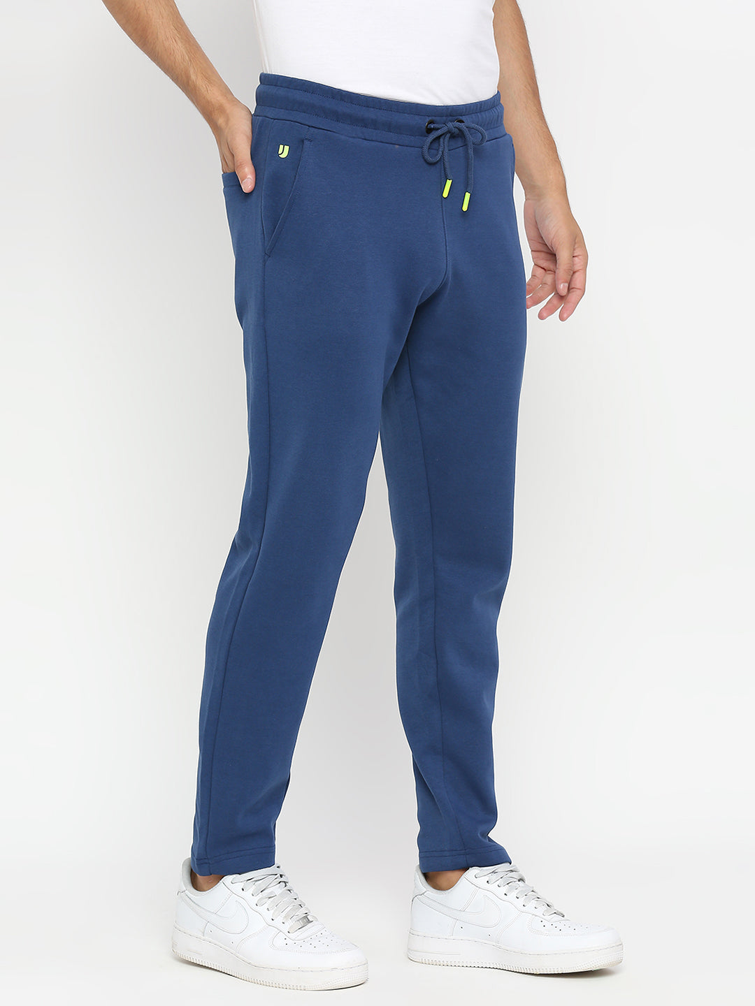 Men Premium Knitted Indigo Blue Cotton Straight Fit Trackpants- UnderJeans by Spykar